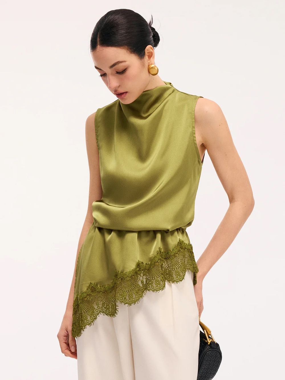132 Lace Trim Satin Sleeveless Blouse